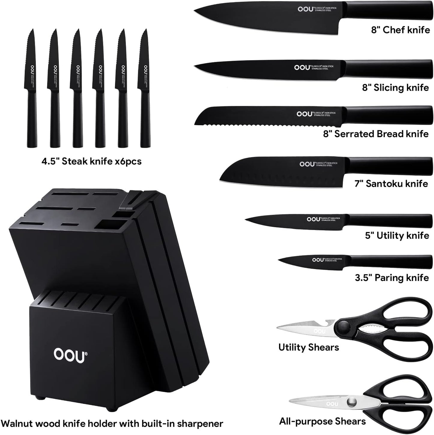OOU Kitchen Knife Block Set - 15 Pieces High Carbon Stainless Steel Chef Knife Sets, Anti-Rust Black Knives Set with Built-in Sharpener Block, Black