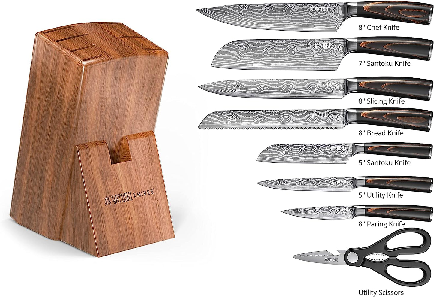 Yatoshi 9 Piece Block Set Pro Kitchen Knife Set Ultra Sharp High Carbon Steel with Ergonomic Handle